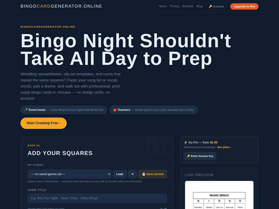 BingoCardGenerator.Online — music bingo and trivia card generator