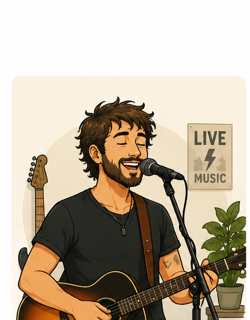 Illustration of a musician singing into a microphone with an acoustic guitar