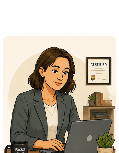 Illustration of an accountant working at a laptop in a tidy office