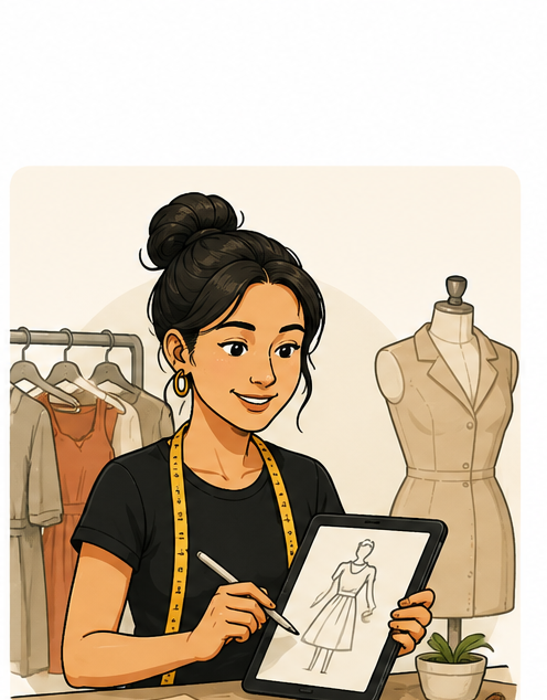 Illustration of a fashion designer sketching on a tablet beside a clothing rack