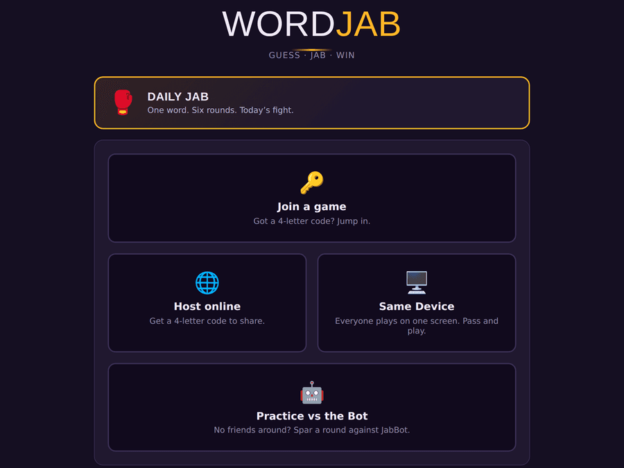 WordJab multiplayer word game home screen